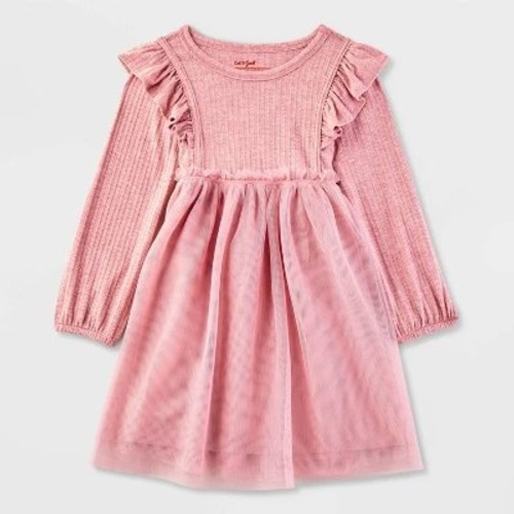 Cat‎ & Jack Girls Dusty Pink Ribbed Ruffle Tulle Tutu Dress 2T Long Sleeve